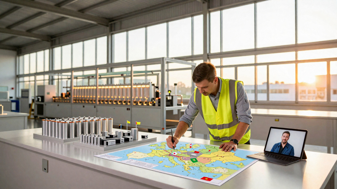 Homem com colete amarelo marca mapa da Europa enquanto participa em videoconferência numa fábrica.