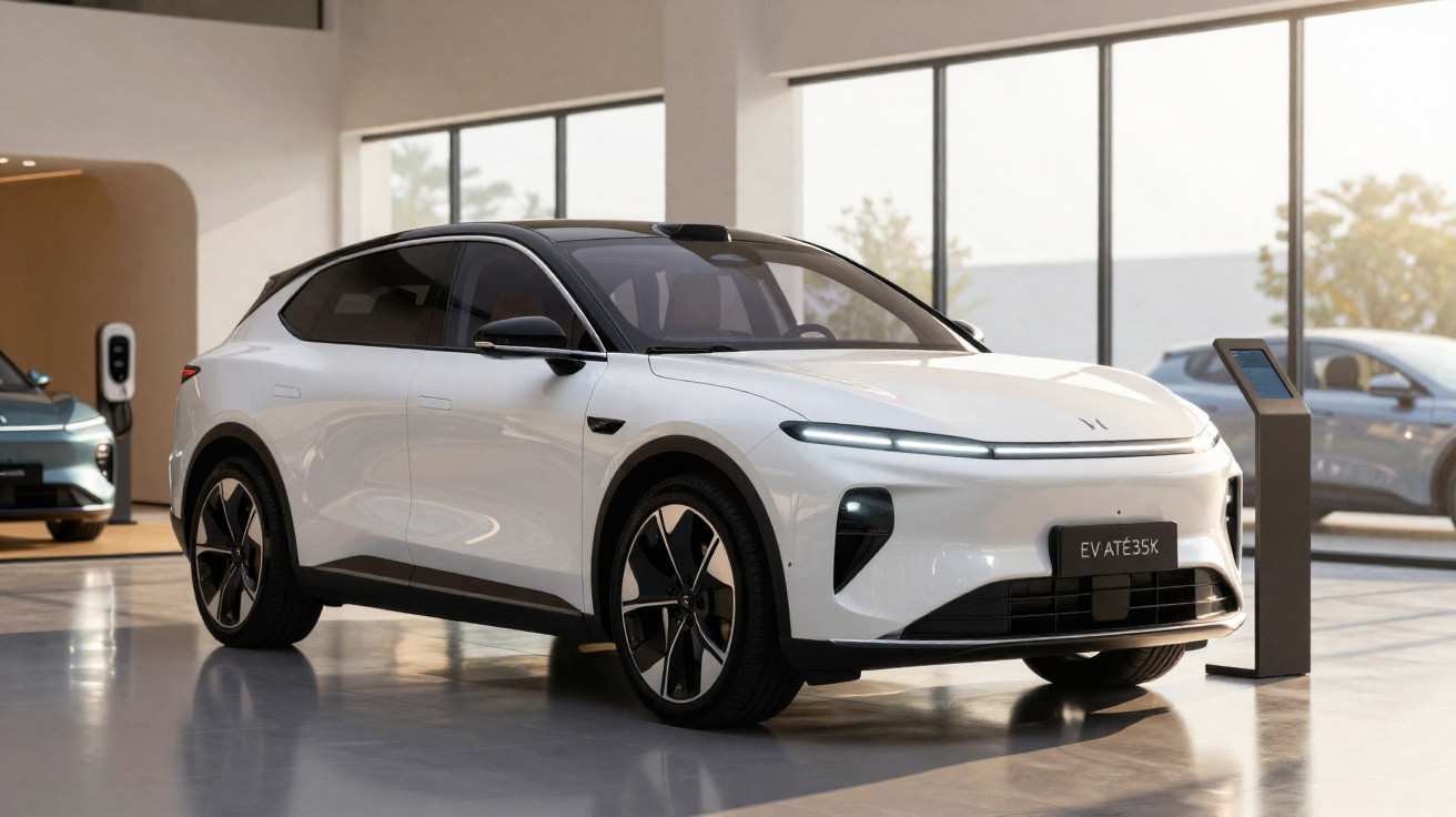 Carro elétrico branco moderno EV ATE35K exposto em showroom com janelas amplas e outro carro ao fundo.