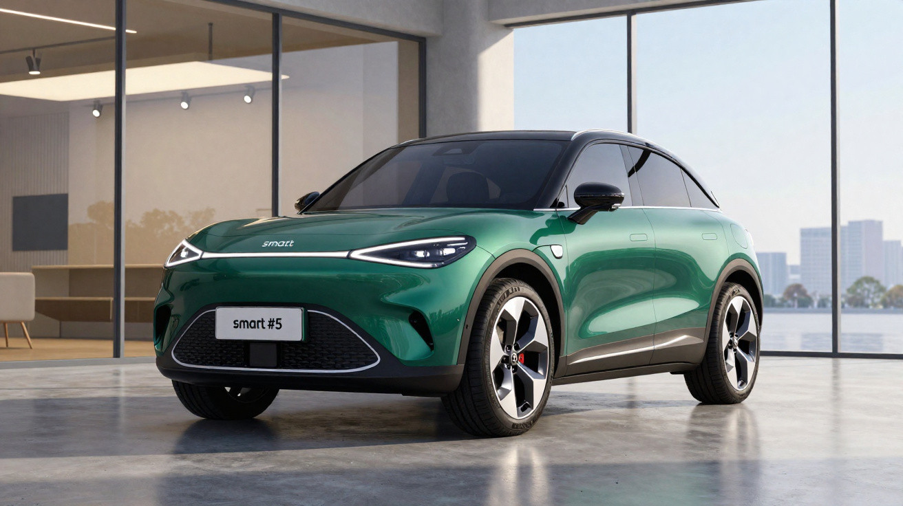 Carro elétrico Smart #5 verde estacionado em piso interior com paredes de vidro e vista urbana ao fundo.