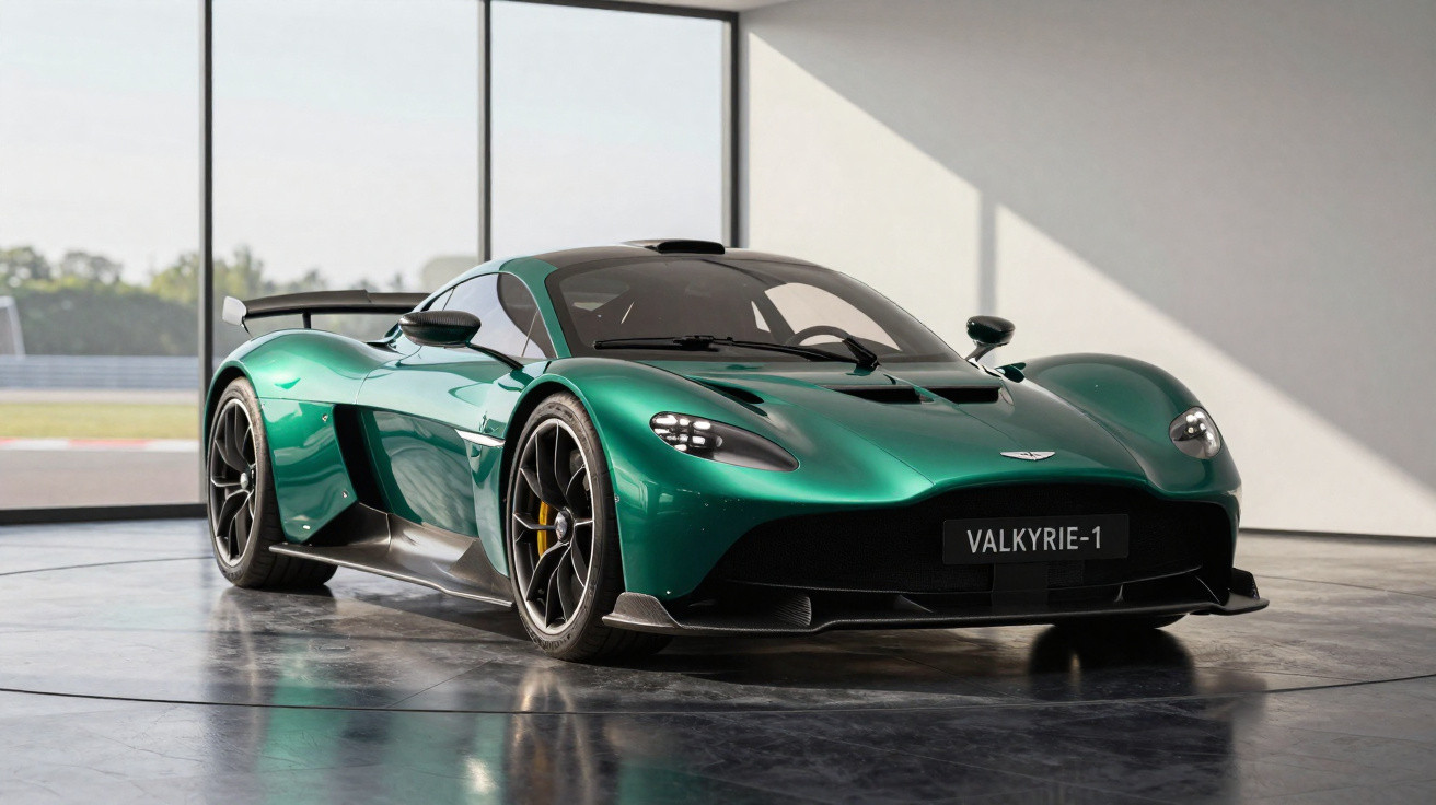Carro desportivo verde metalizado Aston Martin Valkyrie numa garagem com chão de cimento polido.
