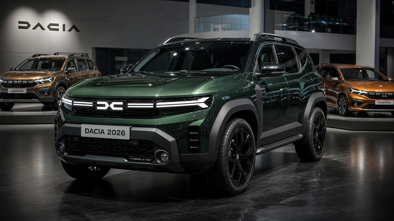 SUV verde escuro Dacia 2026 em exposição, com design moderno e detalhes em preto, acompanhado por outros modelos no fundo.