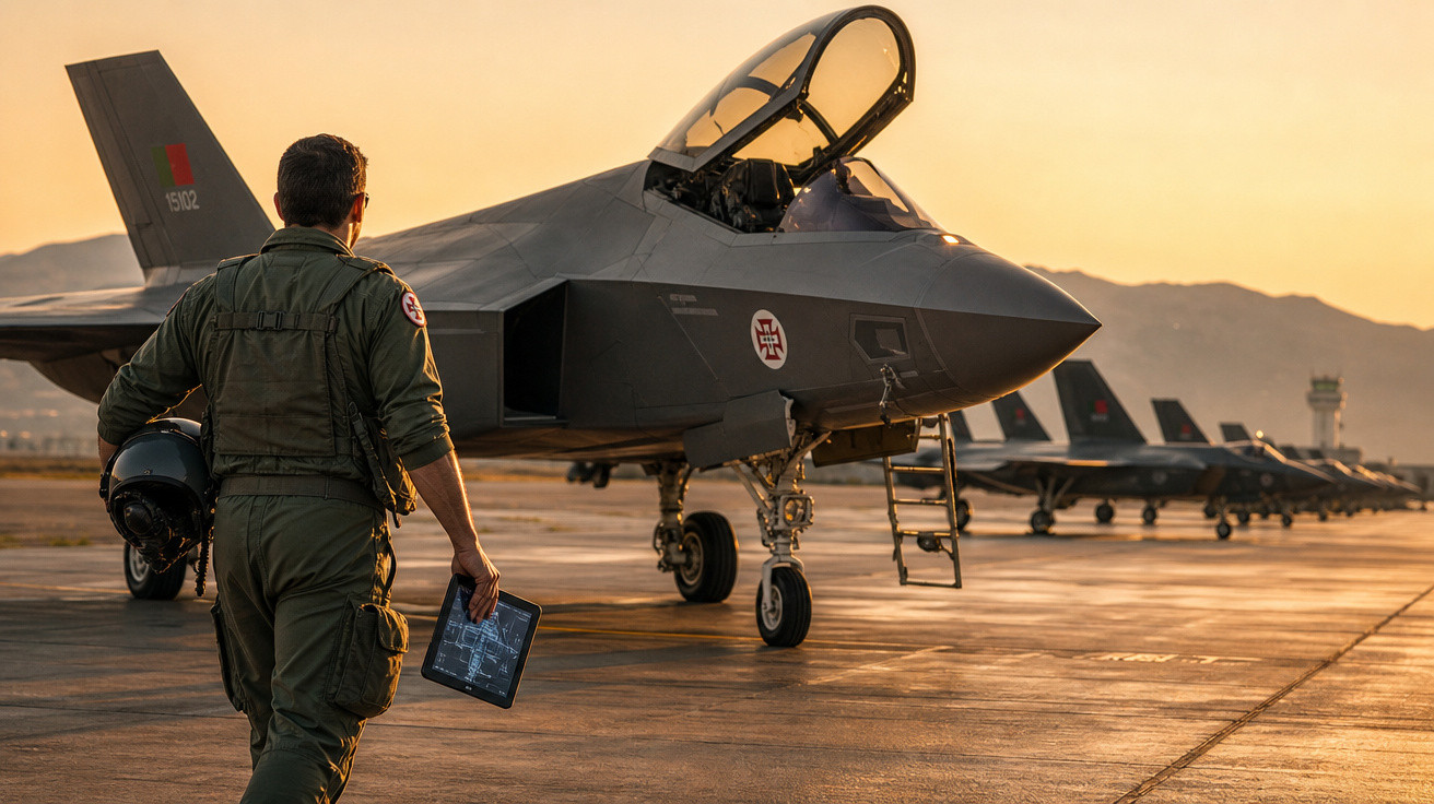 Piloto militar português caminha em direção a jato furtivo F-35 numa pista ao pôr do sol.