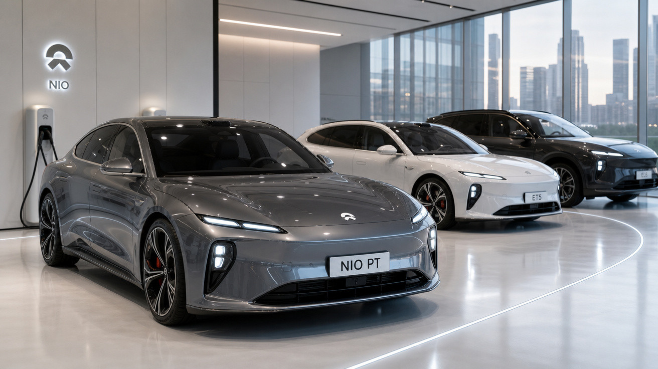 Três carros elétricos NIO expostos em salão moderno com grandes janelas e vista urbana ao fundo.