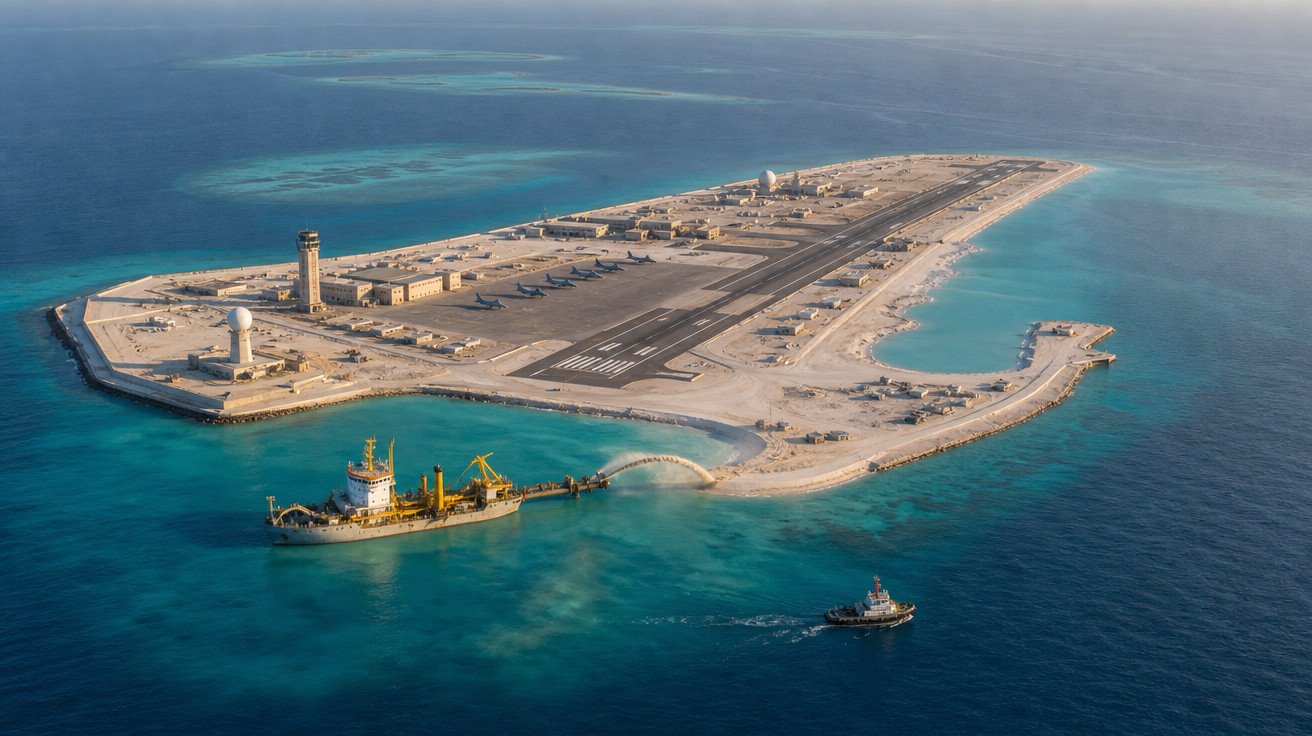 Ilha artificial com pista de aterragem, helicópteros estacionados e barcos em mar azul turquesa.