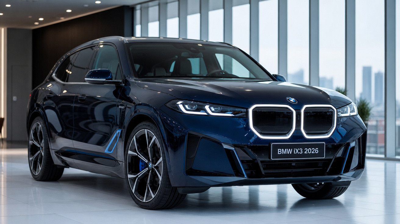 BMW iX3 2026 azul escuro estacionado dentro de um showroom moderno com luz natural.