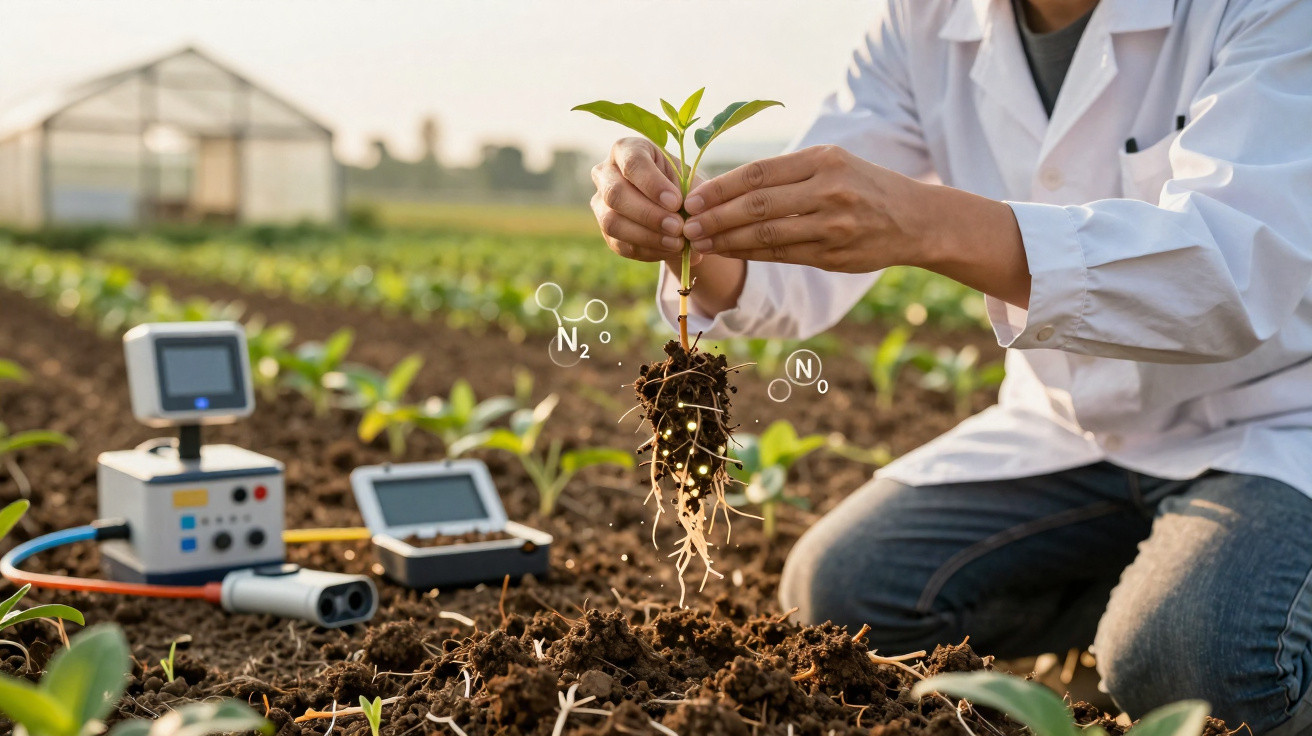 Pessoa de bata branca segura planta jovem com sistema radicular exposto num campo agrícola com equipamentos digitais.