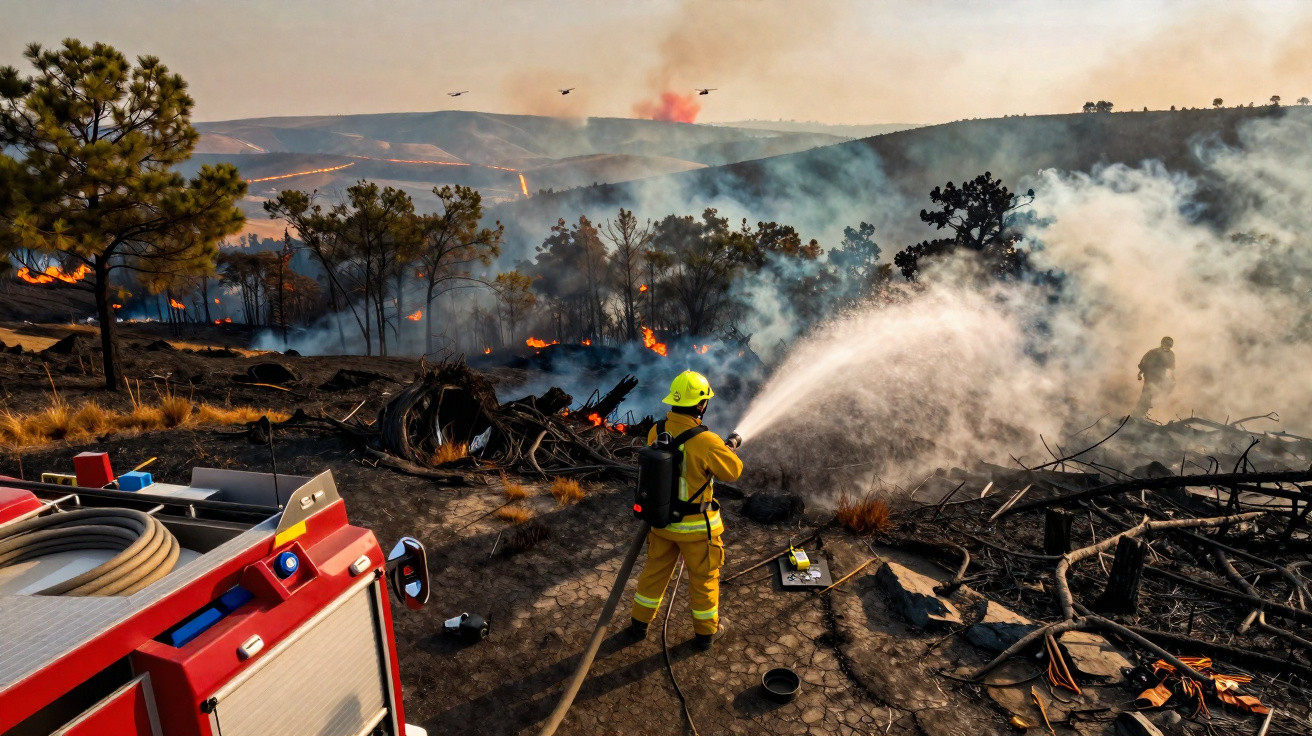 Bombeiro combate incêndio florestal com mangueira enquanto fumaça e fogo cercam a área árida.