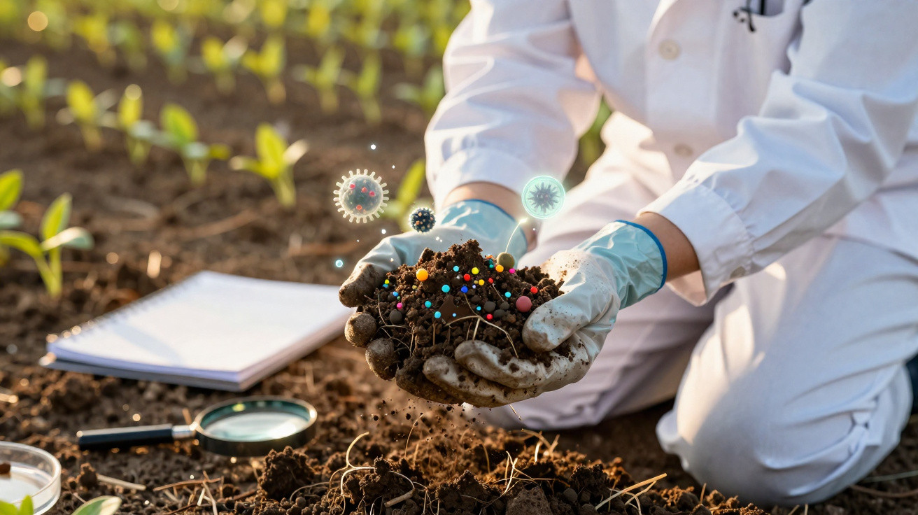 Pessoa com luvas e bata branca a analisar terra num campo, com ilustrações digitais de microrganismos.