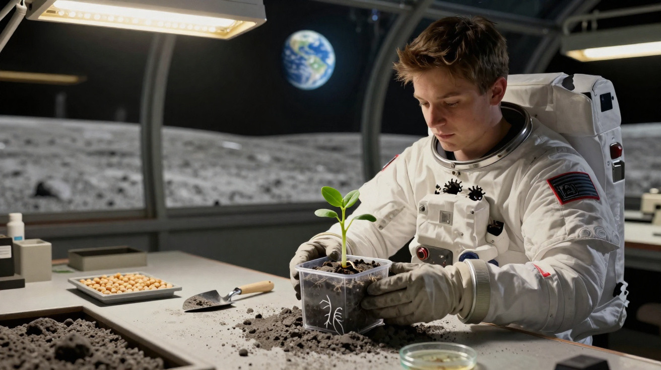 Astronauta em fato espacial observa planta verde a crescer num recipiente com terra, no interior de uma base lunar.
