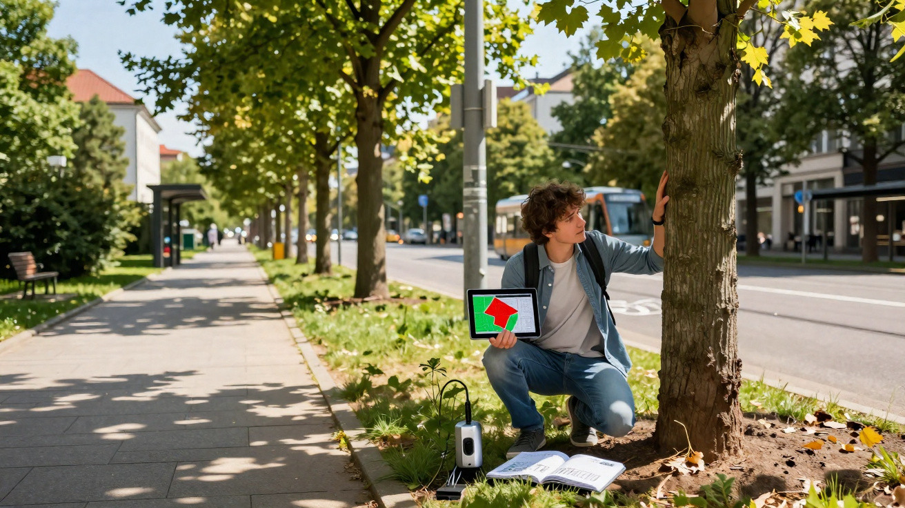 Homem com tablet analisa árvore numa calçada urbana rodeada de árvores ao longo da rua.