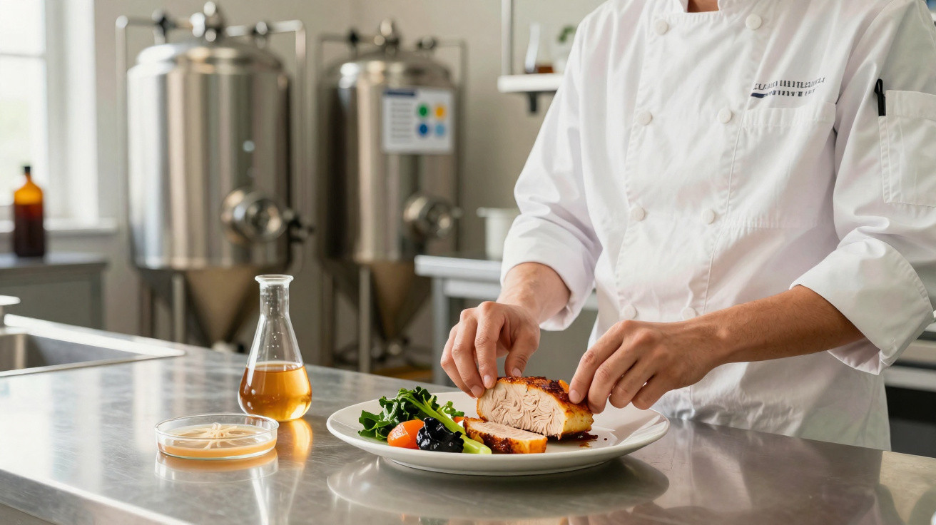 Chef a preparar prato com peito de frango, legumes e molhos numa cozinha profissional.
