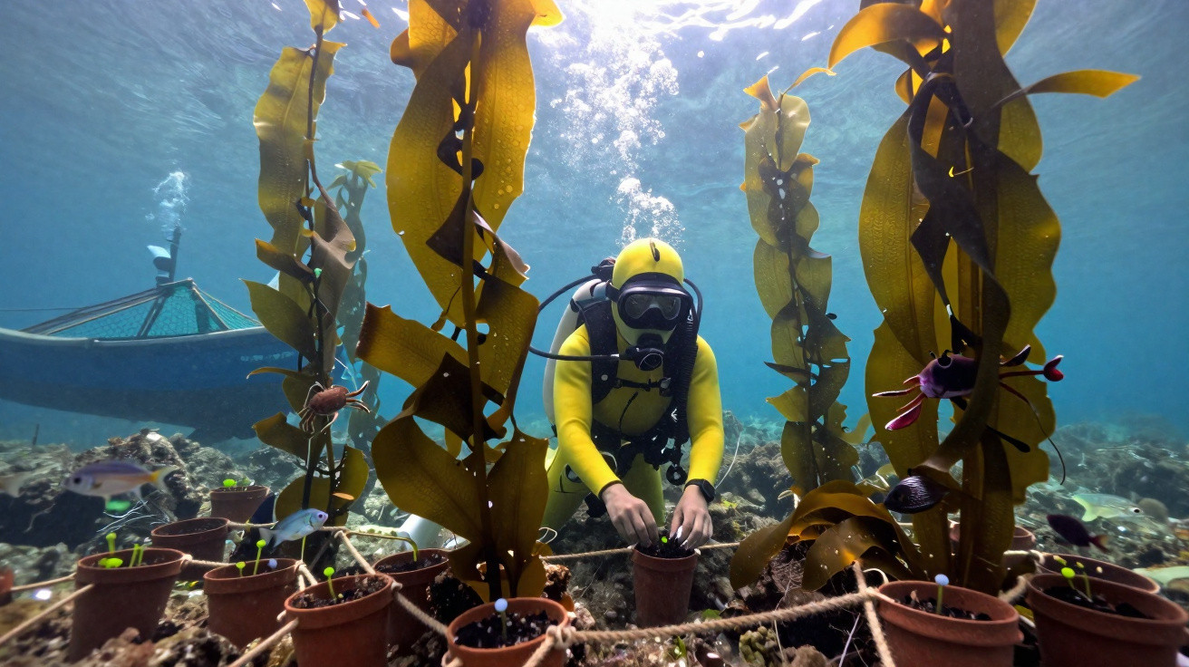 Mergulhador em fato amarelo a cuidar de plantas marinhas em vasos no fundo do mar com peixes e algas.