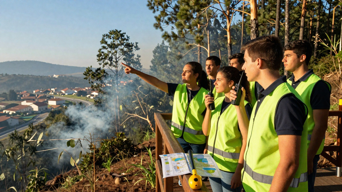 Grupo de jovens com coletes refletivos a monitorizar um incêndio florestal próximo de uma povoação.