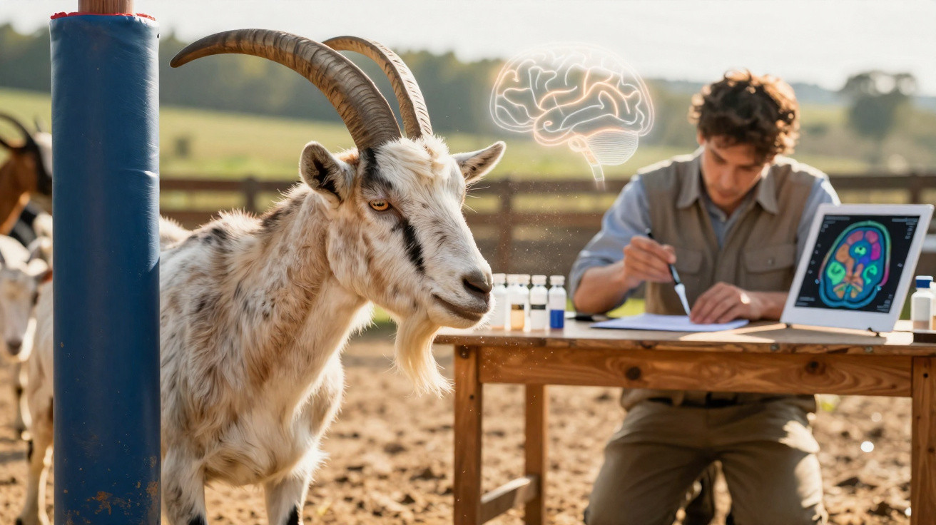 Cabra perto de um poste com um homem a analisar imagens cerebrais no campo durante o dia.