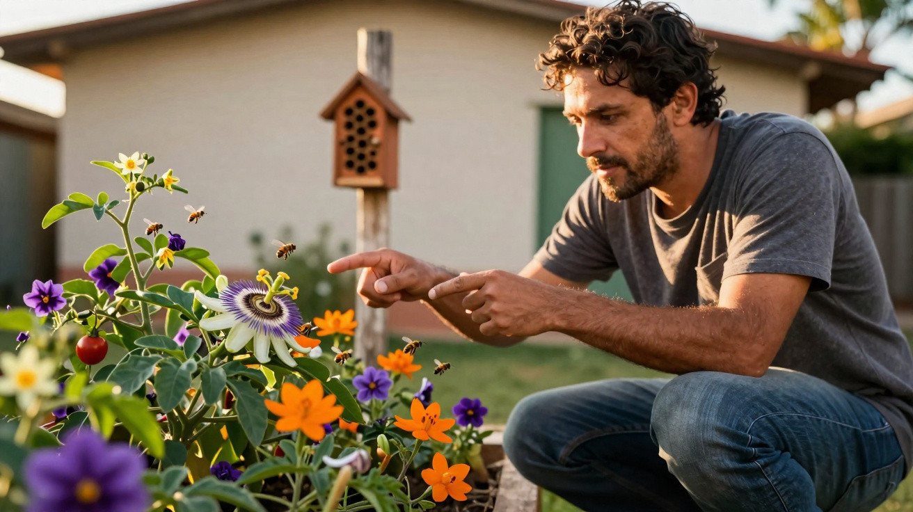 Homem observa flores e abelhas em jardim com casa de insetos ao fundo, num ambiente exterior ensolarado.
