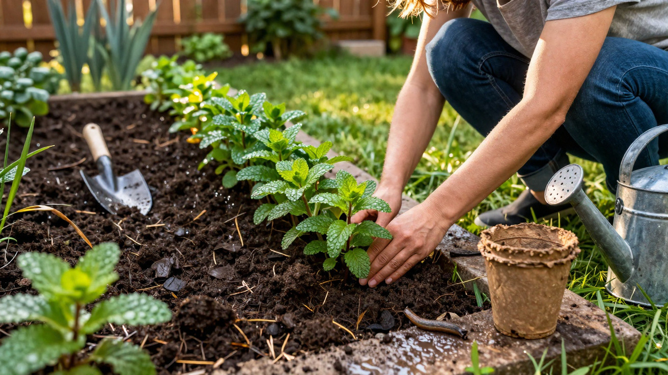 Pessoa a plantar ervas aromáticas numa horta, com regador, pá de jardim e vaso biodegradável ao lado.
