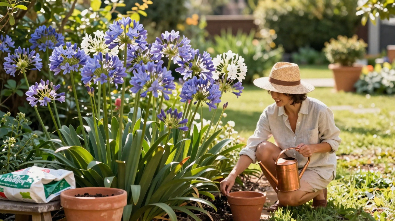 Mulher com chapéu rega plantas flores lilases e brancas num jardim ensolarado.