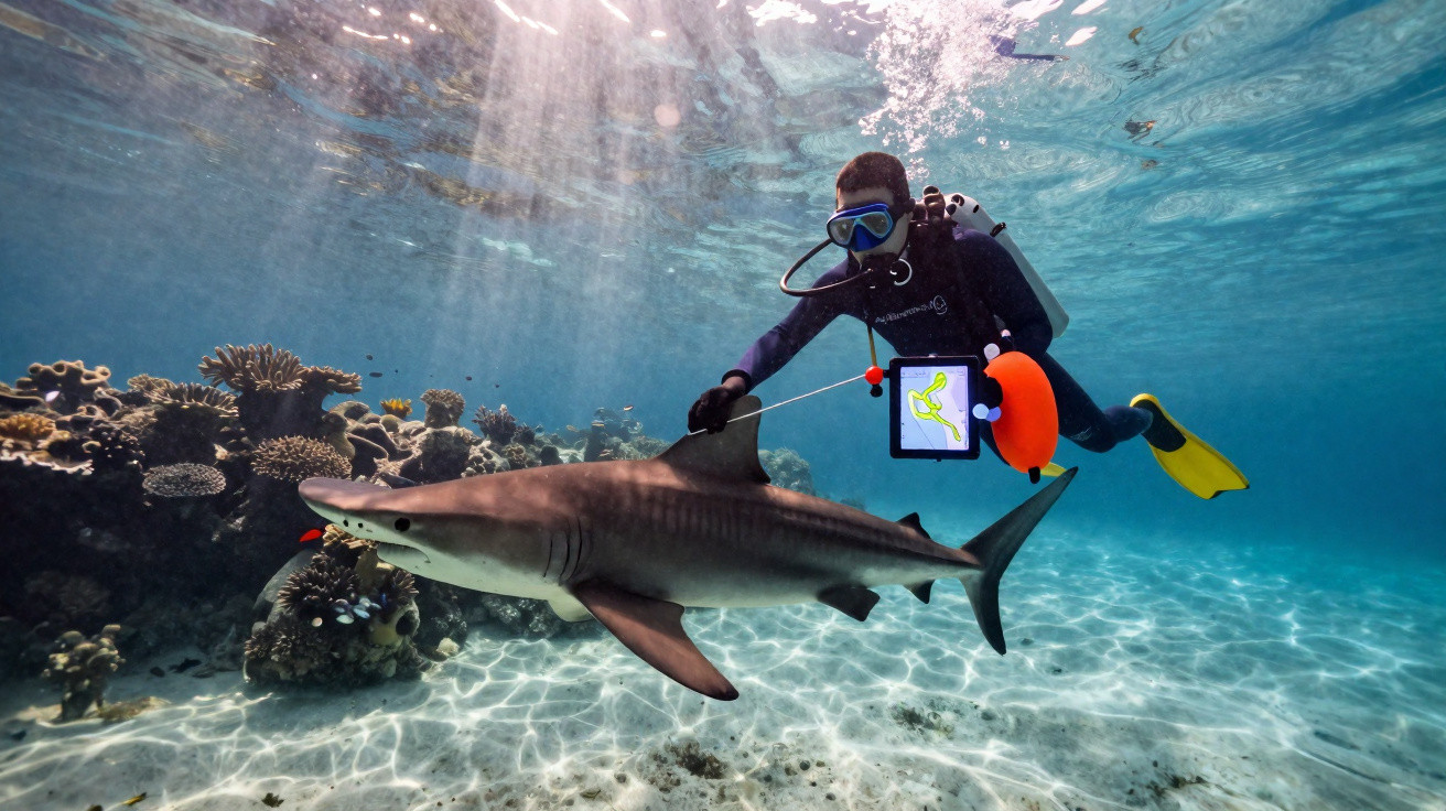 Mergulhador a estudar tubarão-tigre em águas claras junto a recife de coral iluminado pelo sol.