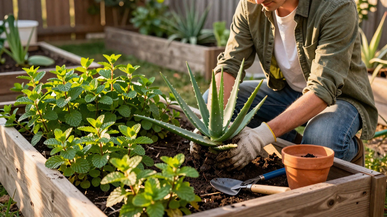 Pessoa a transplantar planta aloe vera numa horta elevada de madeira com outras plantas verdes.