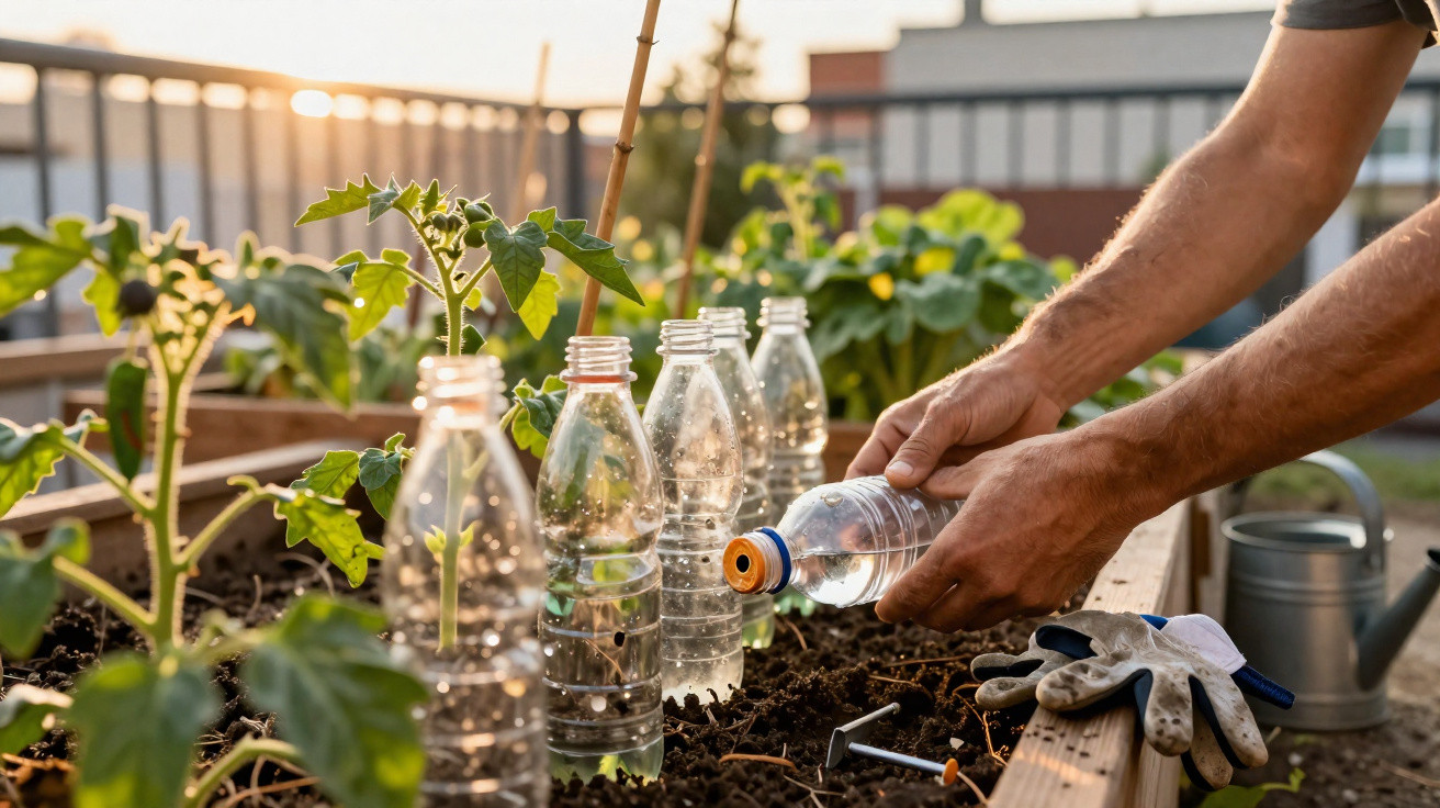 Pessoa a regar plantas jovens numa horta urbana com garrafas plásticas reutilizadas ao pôr do sol.