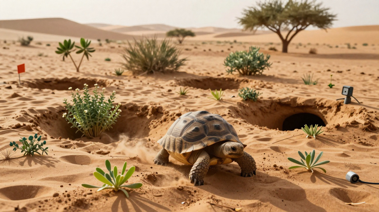 Tartaruga deserta caminhando na areia com plantas e arbustos em terreno árido com colinas ao fundo.