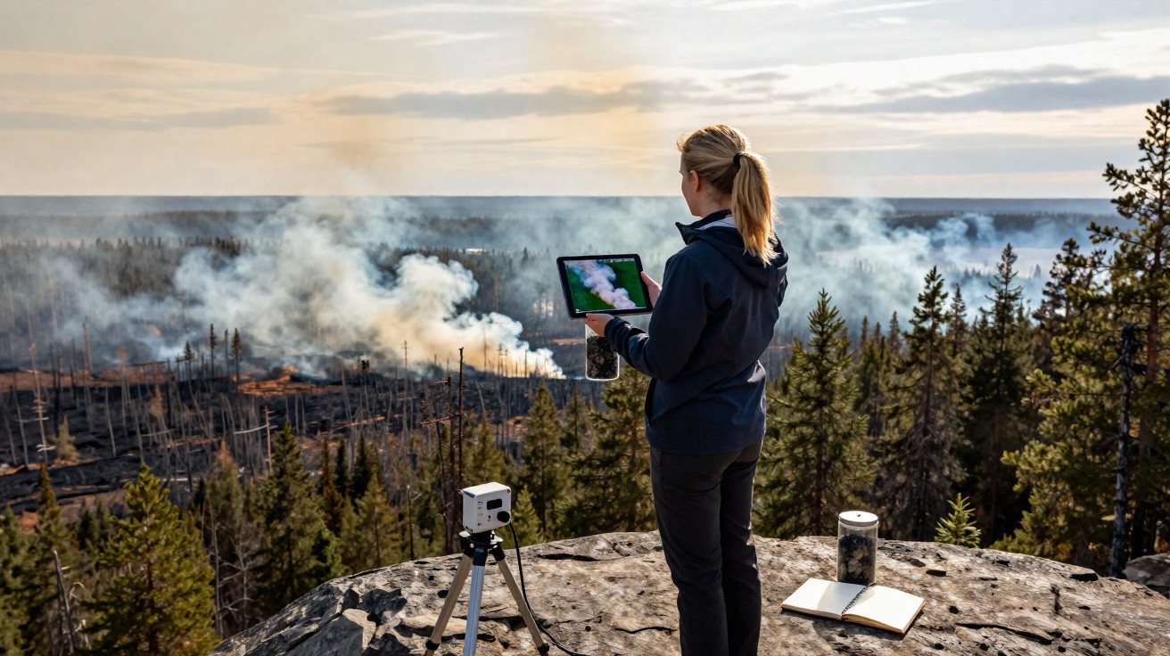 Mulher observa incêndio florestal com drone e tablet numa zona rochosa rodeada de árvores e fumo ao entardecer.
