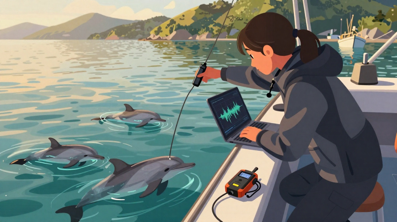 Mulher em barco a estudar sons de golfinhos com equipamento de audição na água perto da costa montanhosa.