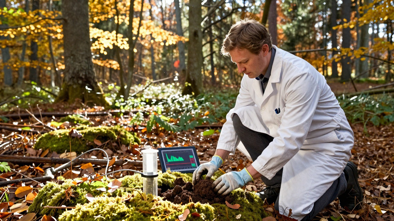 Cientista com bata branca colhe amostra de solo num bosque durante o outono, com equipamento de análise ao fundo.