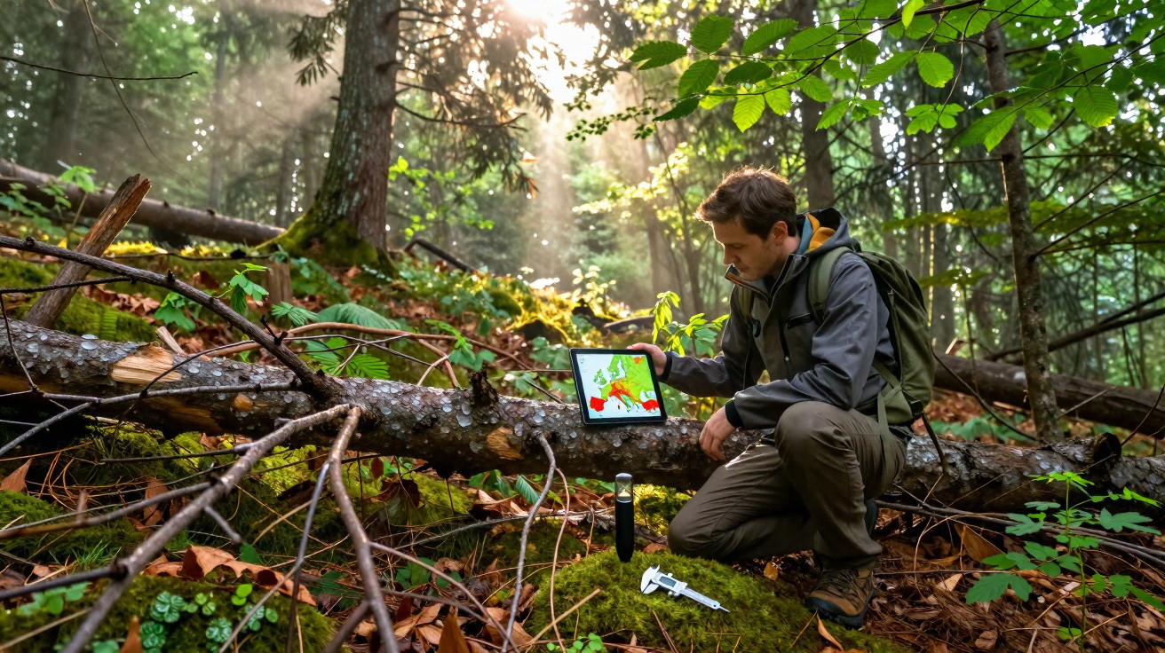 Homem com mochila observa mapa num tablet na floresta, rodeado de árvores e vegetação verde.