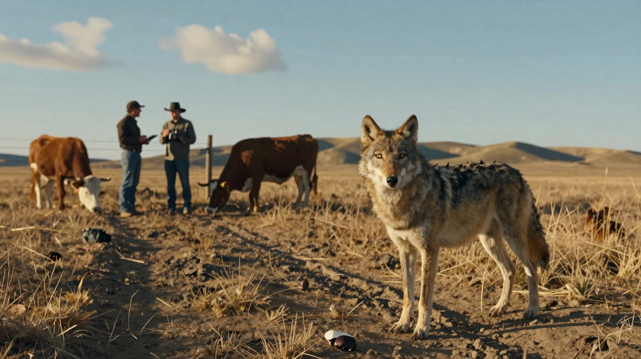 Lobo selvagem numa pastagem com vacas e dois agricultores ao fundo, céu azul com nuvens.