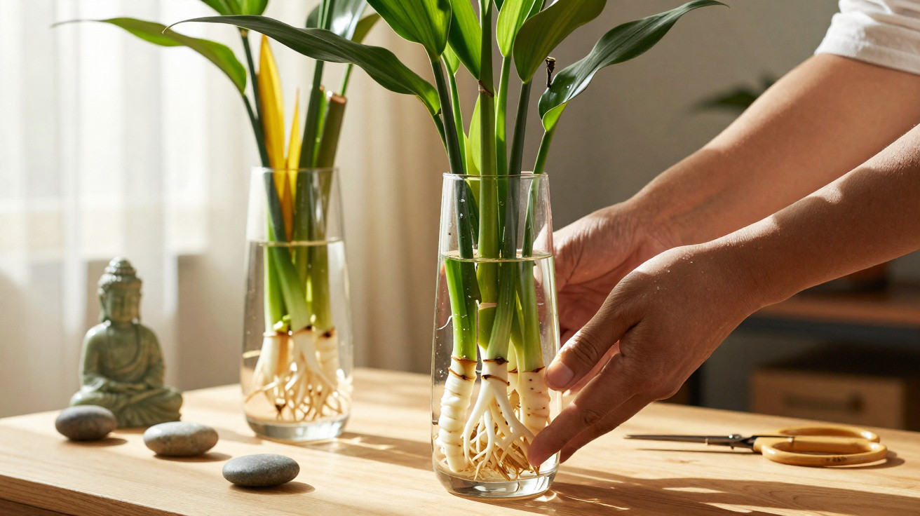 Mãos a colocar vaso com plantas e raízes mergulhadas em água num ambiente sereno e iluminado.