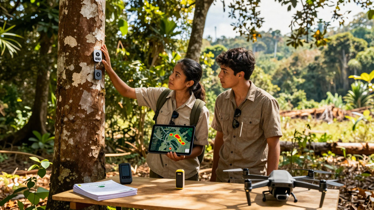 Dois investigadores com tablet a analisar dados ambientais em floresta, com drone e dispositivos de medição na mesa.