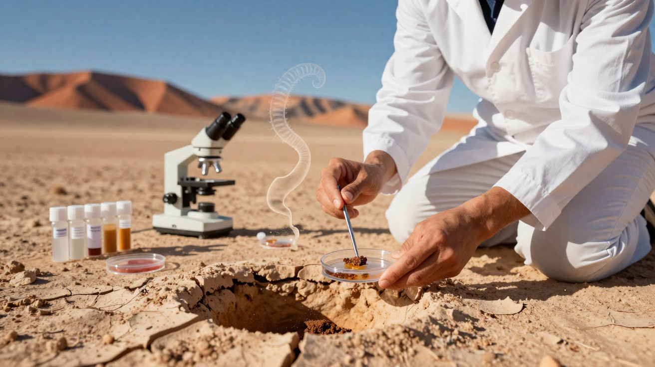 Cientista em fato branco recolhe amostra de solo do deserto para análise em placa de Petri, com microscópio ao fundo.