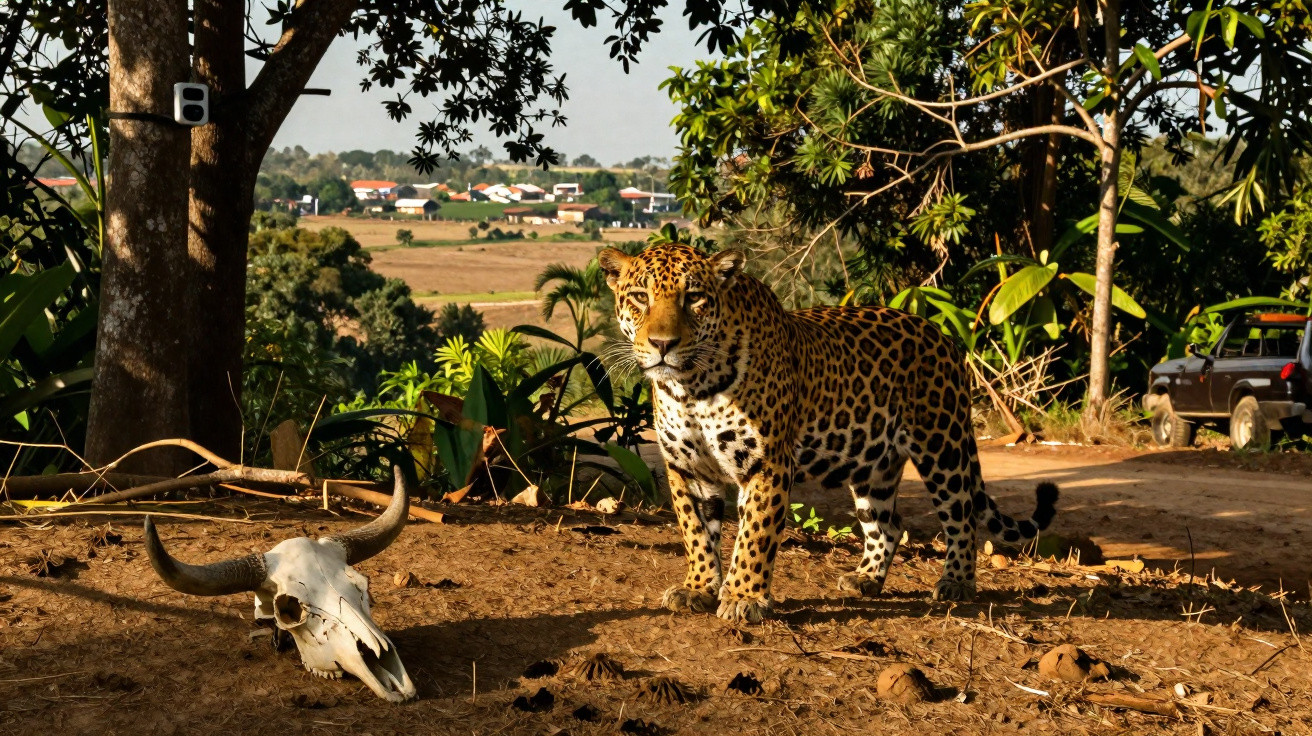 Onça-pintada ao sol perto do crânio de um animal em zona rural com carro e casas ao fundo.
