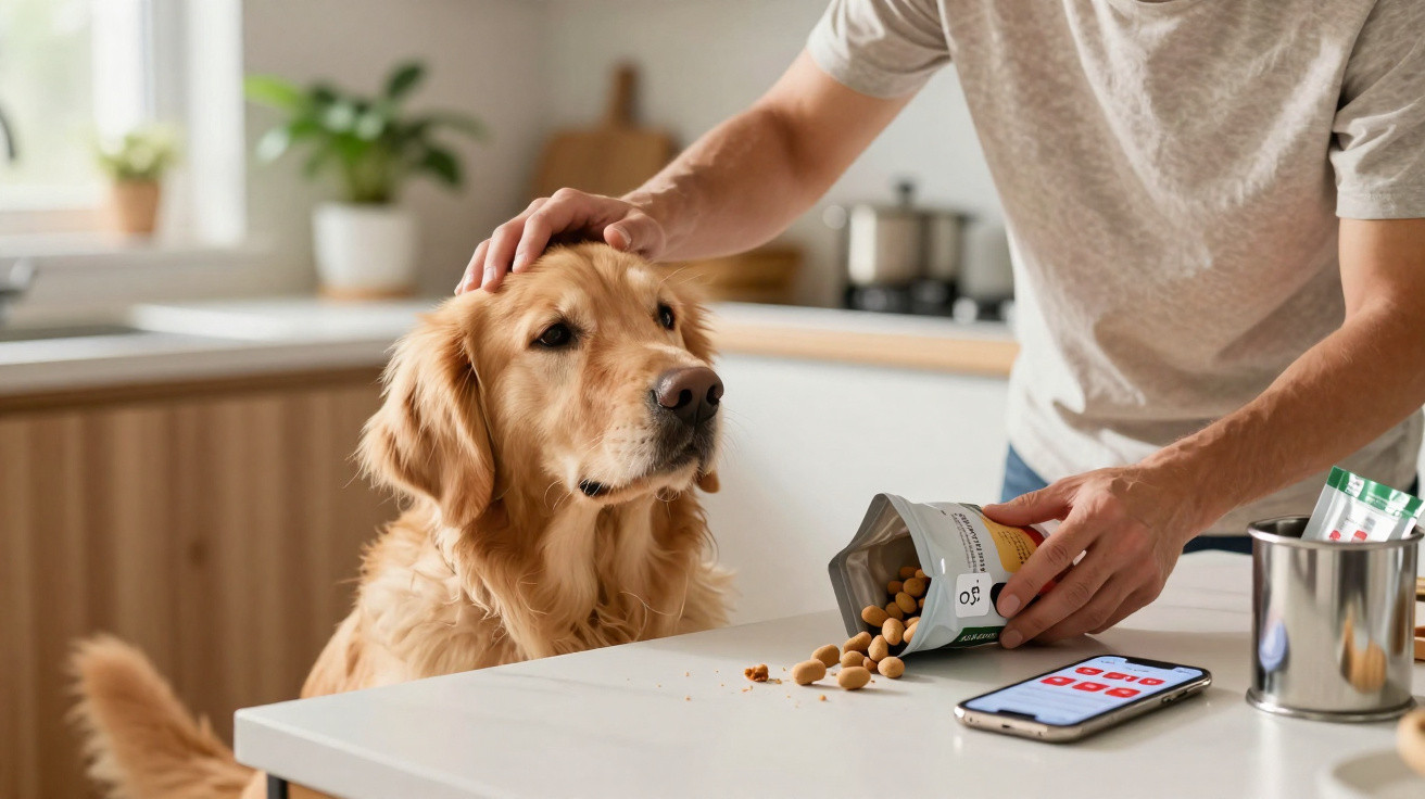 Pessoa dá comida a um cão golden retriever na cozinha, com smartphone e pacote de ração na mesa.