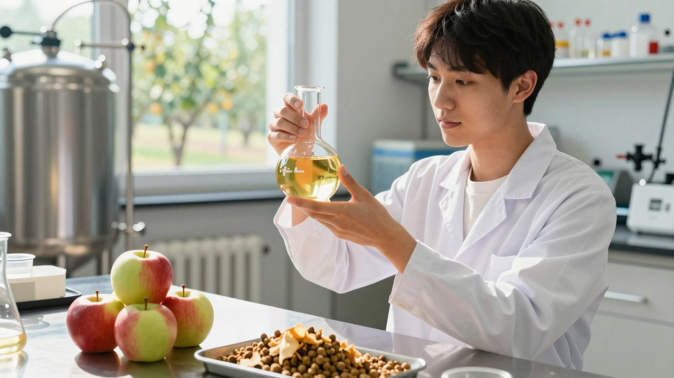 Cientista jovem em bata branca segurando um frasco com líquido amarelo em laboratório com frutas e nozes.
