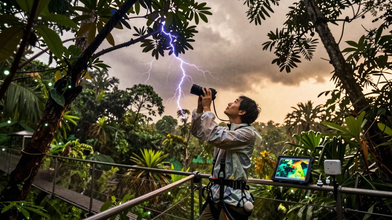 Pessoa com equipamento a capturar relâmpago numa floresta tropical durante tempestade ao entardecer.
