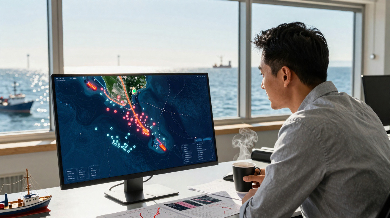 Homem num escritório com vista para o mar analisa dados num monitor com mapas e gráficos e segura uma chávena.