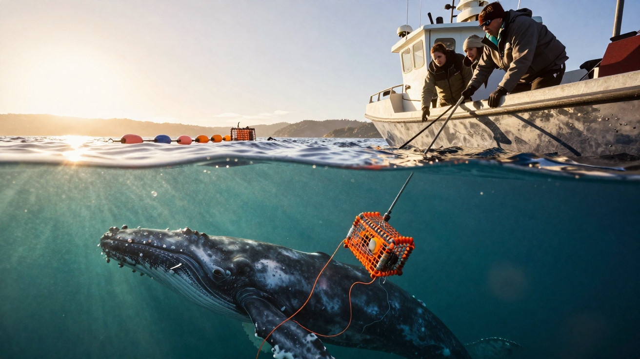 Baleia submersa perto de barco com pessoas a monitorizar um aparelho ligado a ela ao pôr do sol.