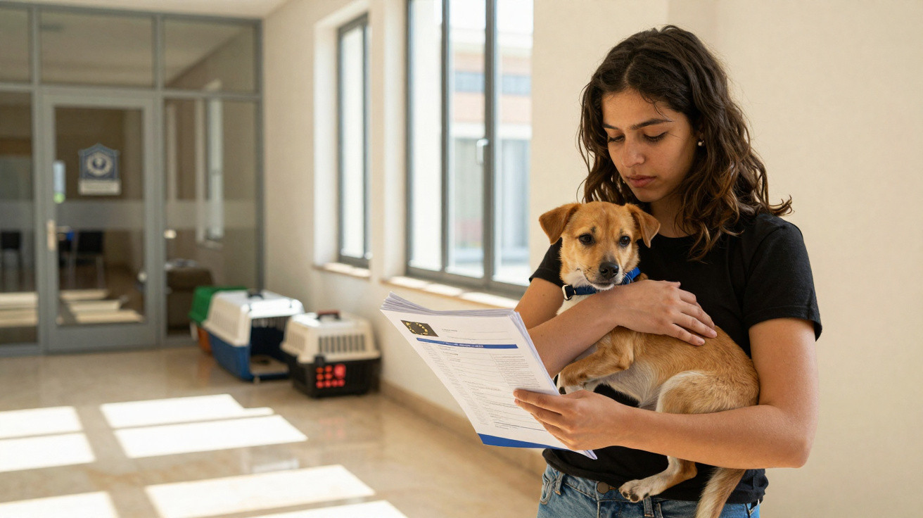 Jovem mulher segura cachorro ao ler documento numa clínica veterinária com várias caixas de transporte ao fundo.