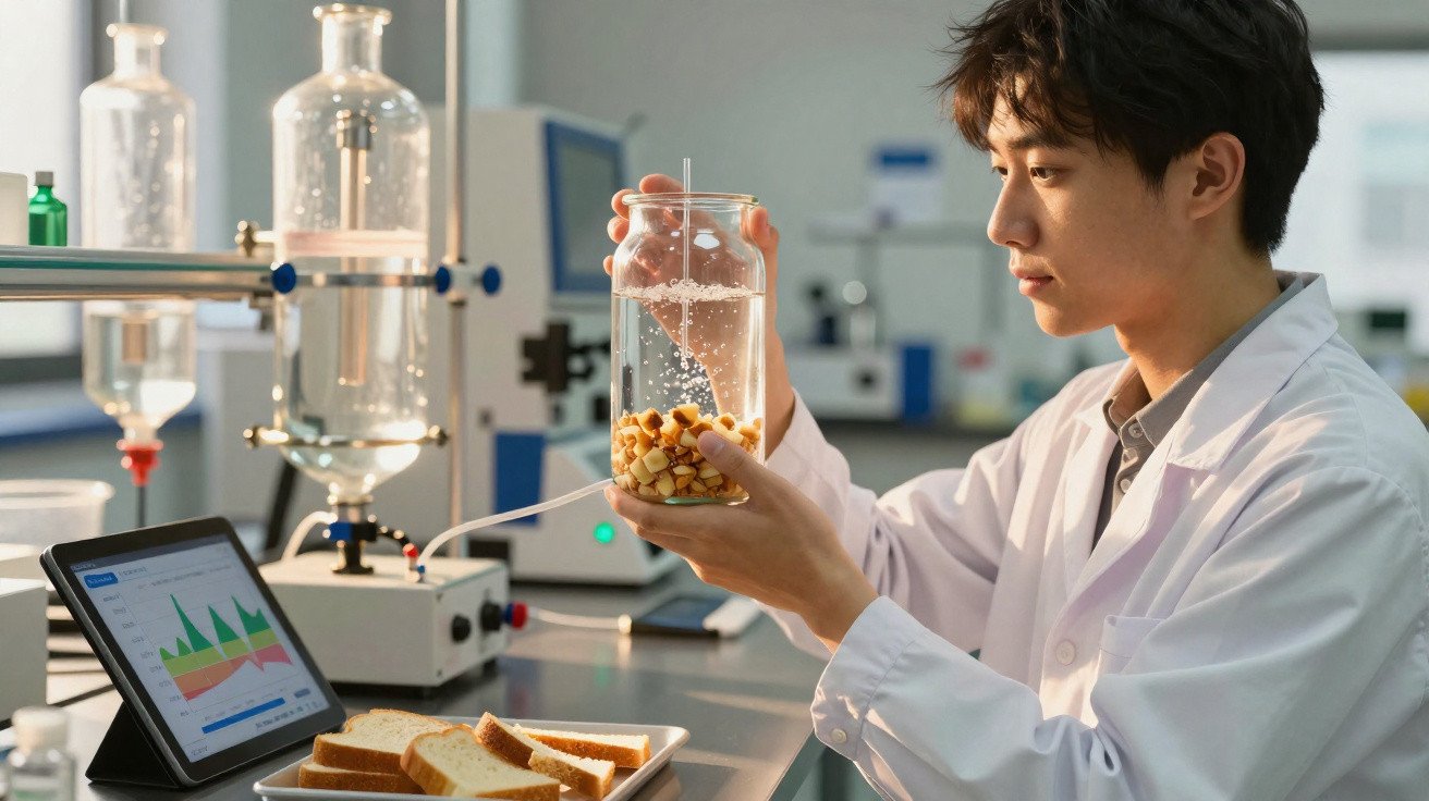 Cientista em laboratório analisa ingredientes num frasco com equipamento e fatias de pão ao lado.
