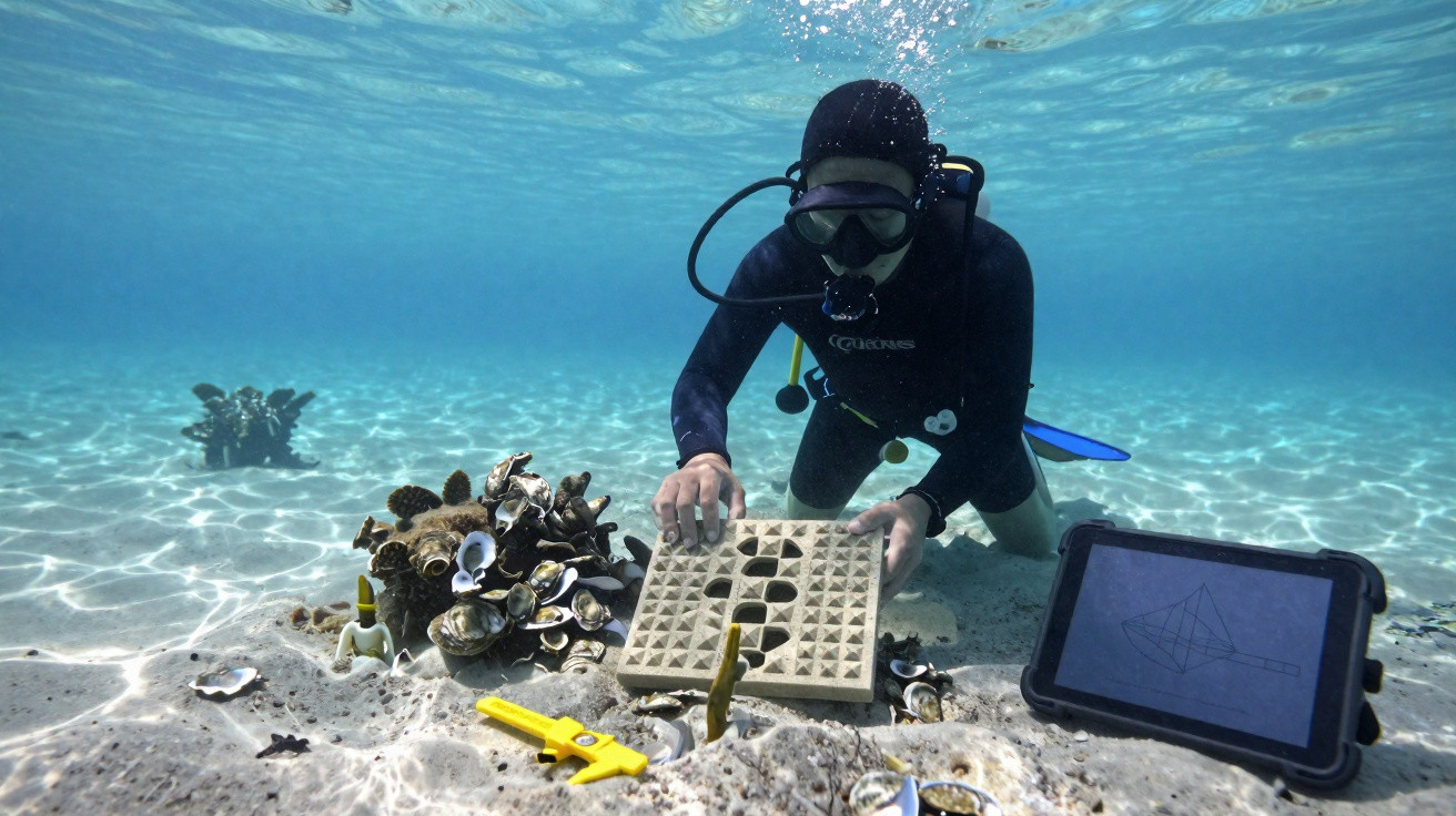 Mergulhador a estudar recife subaquático com equipamentos e tablet na areia do mar.