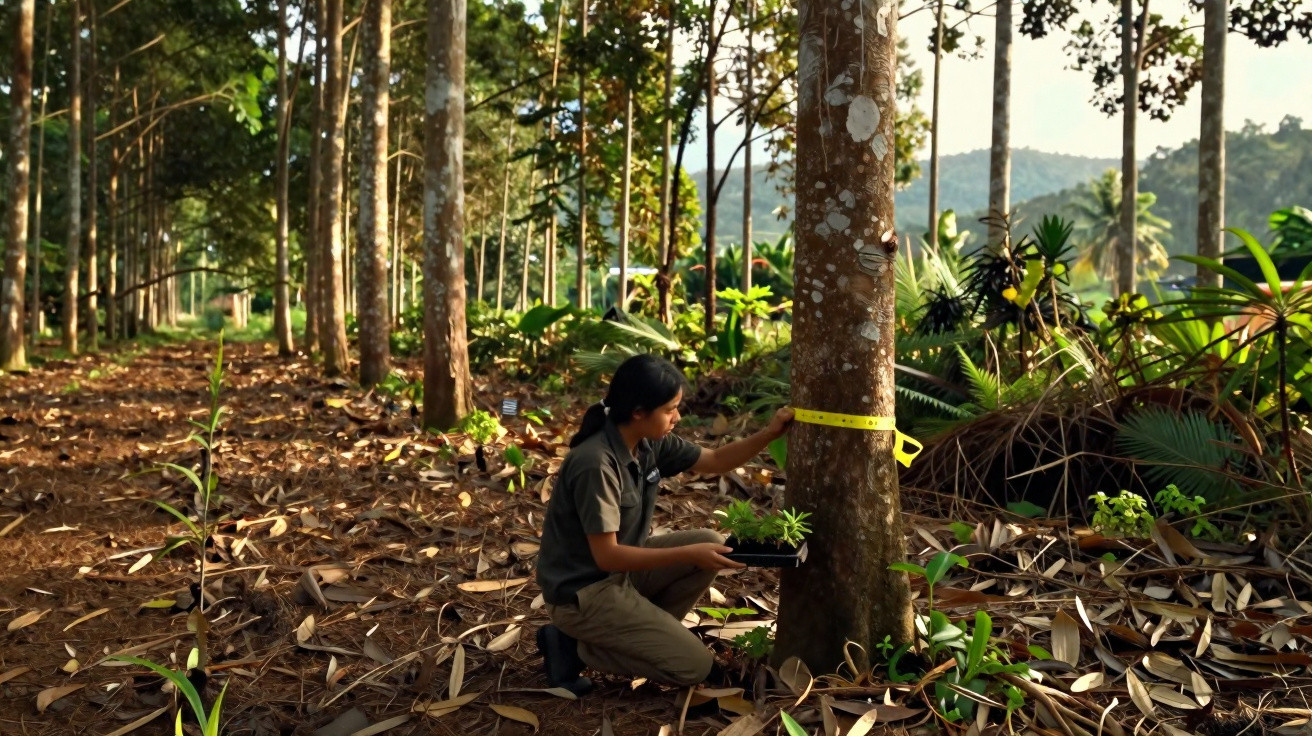 Pessoa a medir circunferência de árvore numa floresta com vegetação e montanhas ao fundo.