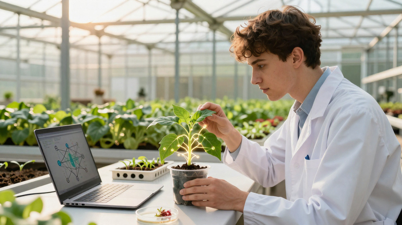 Jovem cientista em laboratório com bata branca examina planta em vaso junto a portátil num ambiente de estufa.