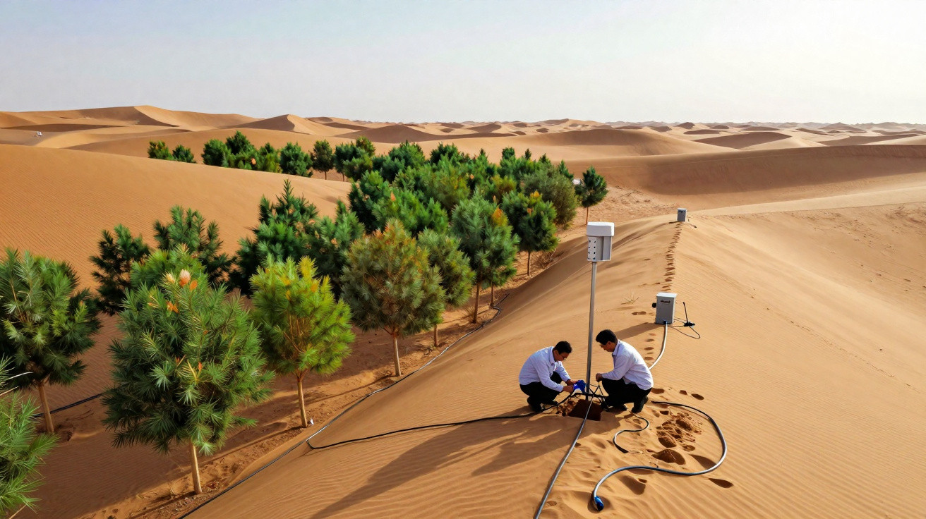 Dois homens em trajes formais trabalham em equipamentos electrónicos numa área de deserto junto a uma linha de árvores verdes