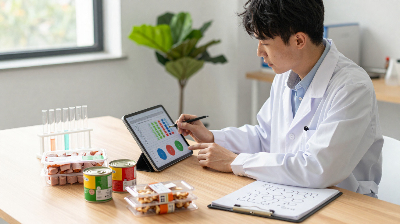 Cientista com bata branca analisa dados nutricionais em tablet, com amostras de alimentos e tubos de ensaio na mesa.