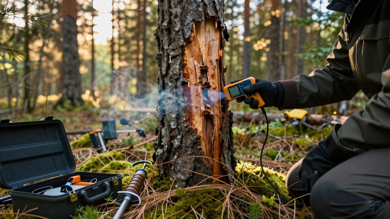 Pessoa a medir temperatura numa árvore com a casca partida numa floresta conífera ao amanhecer.