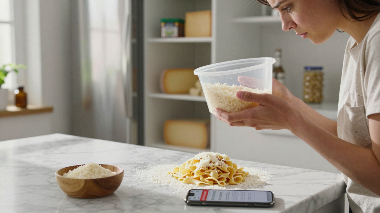 Pessoa a colocar queijo ralado em massa numa bancada de cozinha, com telemóvel e taça de queijo ao lado.