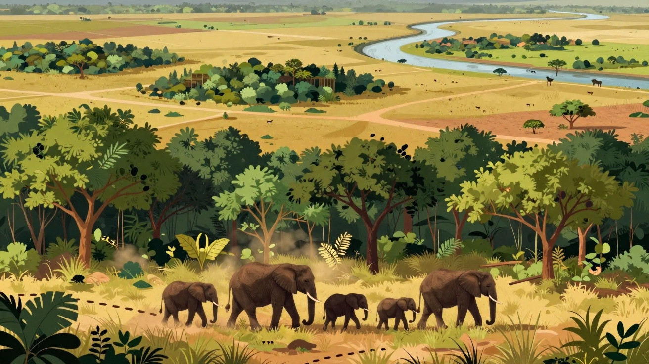 Ilustração de elefantes a caminhar numa savana com árvores e rio ao fundo.