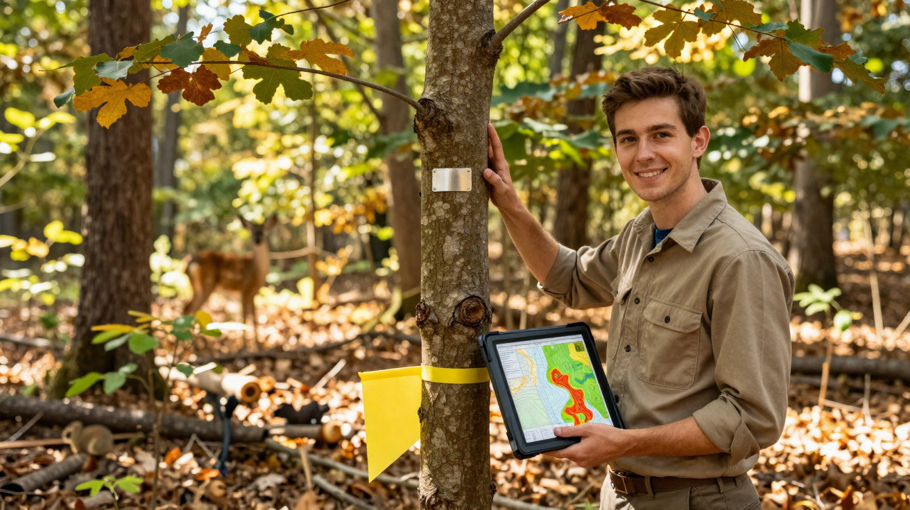 Homem em floresta com tablet a mostrar mapa colorido, junto a árvore com fita e placa de metal.
